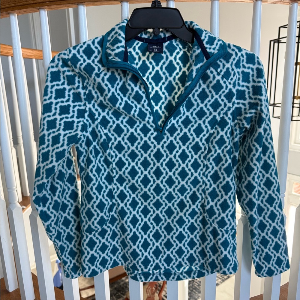 Lands' End Teal and White Geometric Fleece